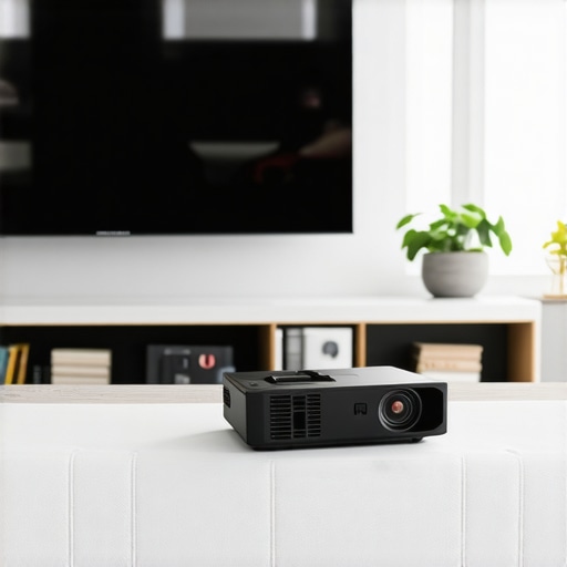 Living room with ambient light rejection screen and projector