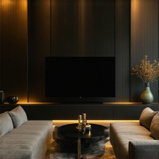 Modern living room featuring a sleek laser TV with ambient lighting and minimalist decor.