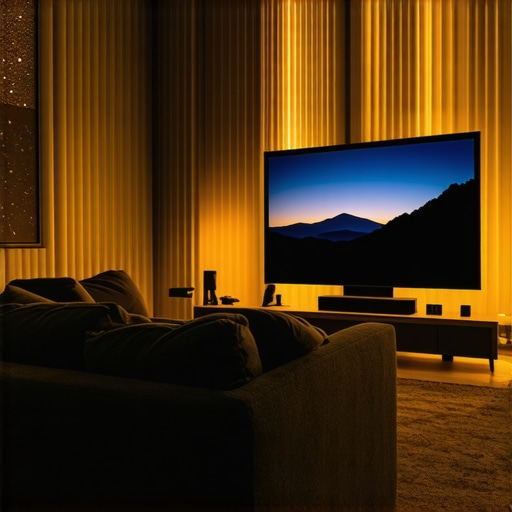 Layered Ambient Lighting in a Home Theater Cozy living room with adjustable layered ambient lighting, blackout curtains, and projector
