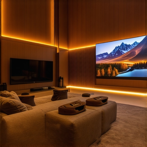 Luxurious Living Room with Advanced Laser UST Projector Elegant living room featuring a high-brightness laser UST projector projecting vivid 4K image onto a matte screen with ambient lighting