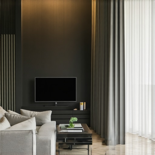 A sleek, modern living room showcasing ideal conditions for ultra short throw projection, including matte walls and ambient lighting control