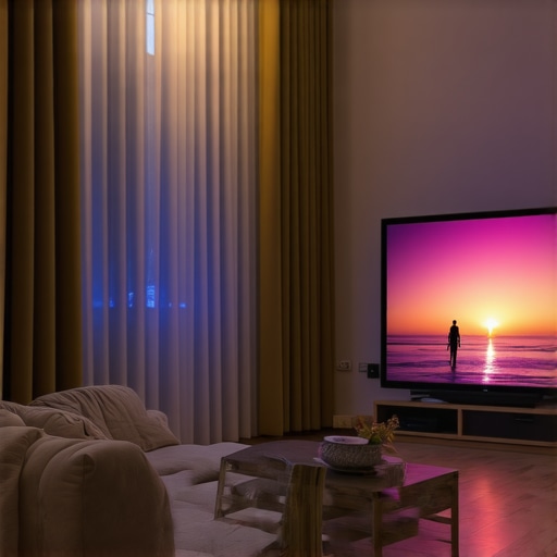 Optimized Home Cinema Environment for UST Projectors Living room with blackout curtains, ambient lighting, and a projector displaying a vivid image
