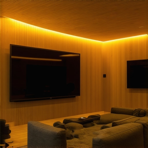 Smart Ambient Light Management System in Home Theater Home theater room with automated blackout blinds and adaptive lighting