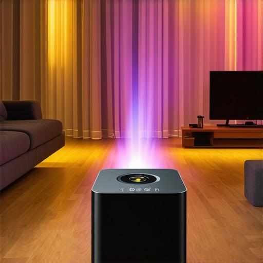 Laser projector with adaptive optical system projecting a vibrant image in a bright living room.