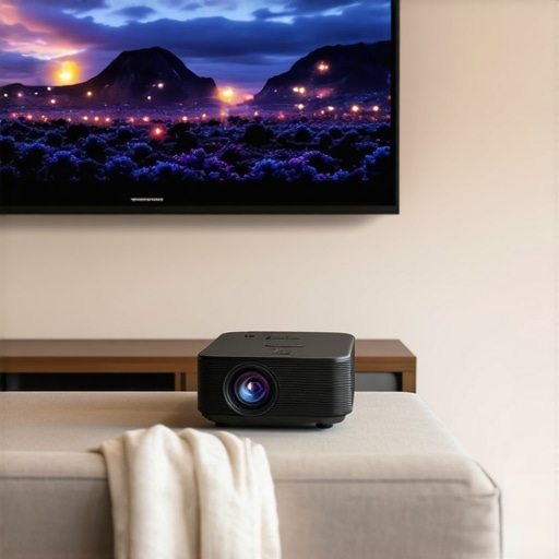 Living room setup showing an UltraShortThrow projector mounted near the wall projecting a large screen.