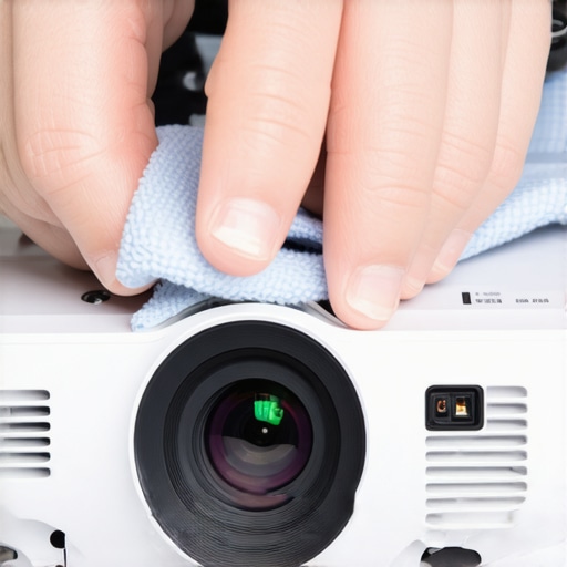 Projector Lens Cleaning Routine Person cleaning projector lens with microfiber cloth, emphasizing maintenance