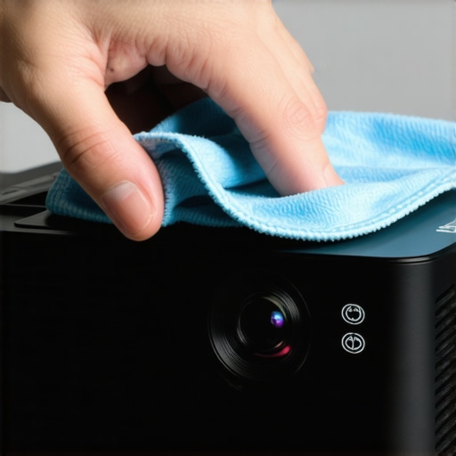 Person cleaning projector lens with microfiber cloth for optimal performance.