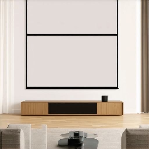 UST Projector Setup in Living Room Living room with ultra short throw projector close to the wall for a compact setup.