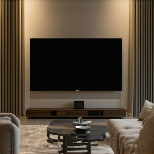 Living room with blackout curtains and projector setup showing reduced glare and improved picture quality.