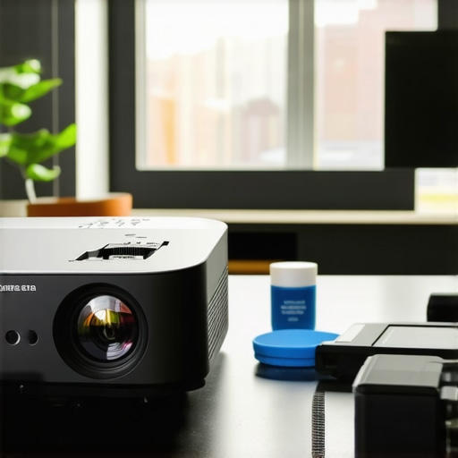 Technician calibrating a laser projector with tools to ensure optimal image quality in a living room setting.