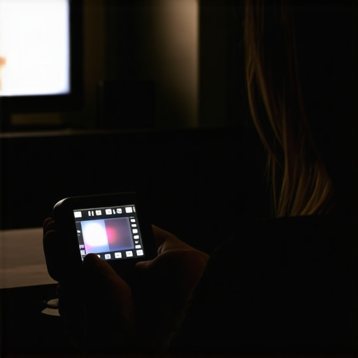Person calibrating a home projector using a colorimeter in a cozy living room environment.