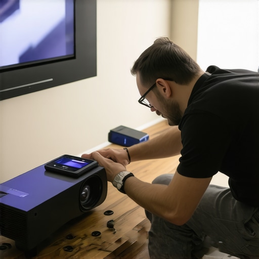 Technician calibrating a projector with a colorimeter in a cozy home environment.