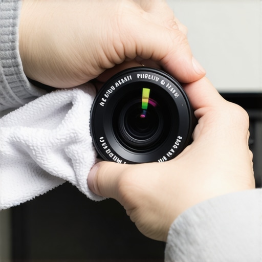 Professional projector lens cleaning A technician carefully cleaning a projector lens with a microfiber cloth to maintain image clarity