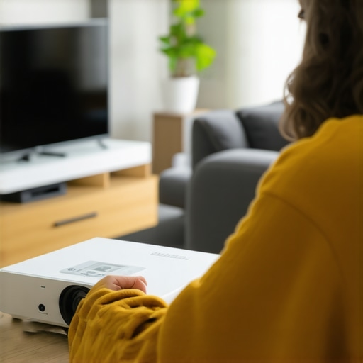 A technician using a colorimeter to calibrate a home projector