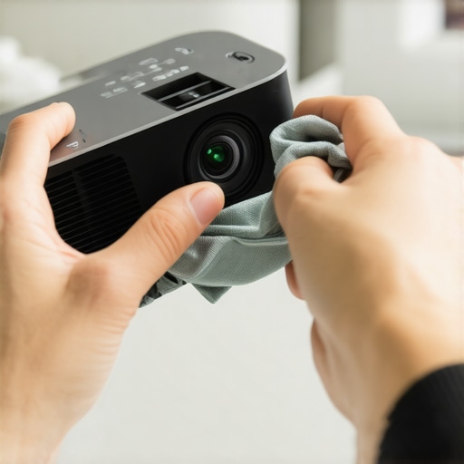 Projector Lens Cleaning in Progress Person cleaning projector lens with microfiber cloth to maintain image clarity.