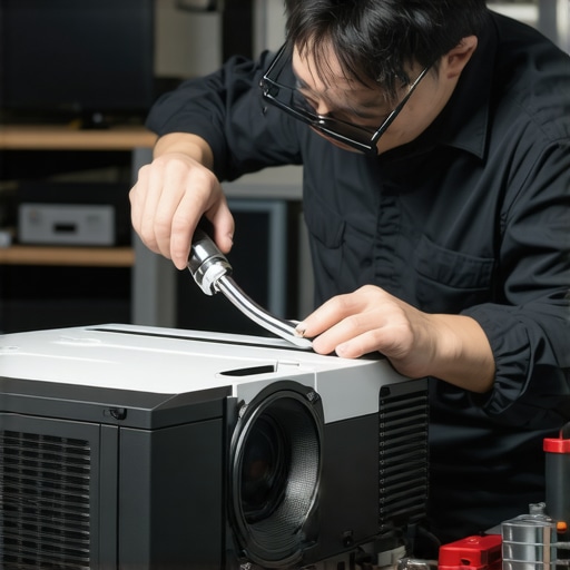 Close-up of a technician cleaning and calibrating a high-end living room projector.