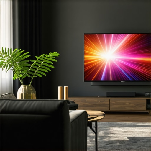 Laser TV in Bright Living Room A modern living room with a laser projector displaying vivid images on a matte screen, amidst ambient daylight.