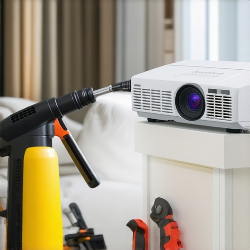 Maintaining Your Living Room Projector Person cleaning projector vents with compressed air in a well-lit living room.