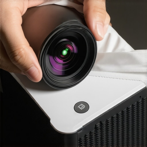 Person cleaning projector lens with microfiber cloth to ensure clear image quality.