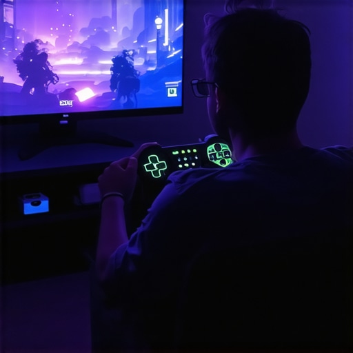 Gamer fine-tuning projector settings in a well-lit living room for minimal input lag.