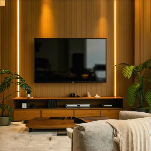 Living room with projector, ambient light control, and sleek decor