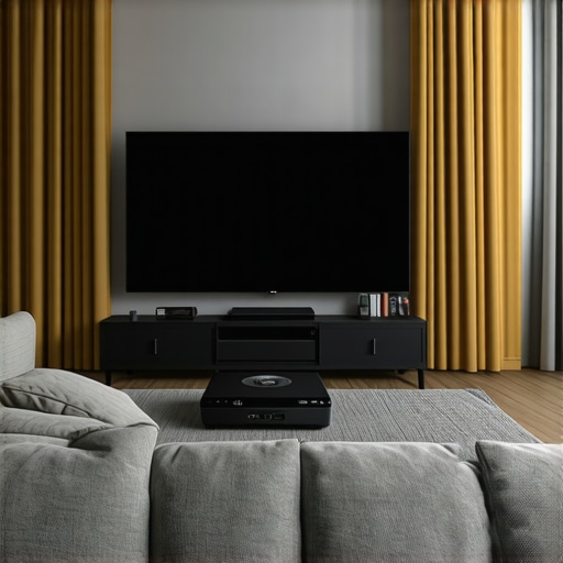 Living room with projector, screen, blackout curtains, and ambient light control features.