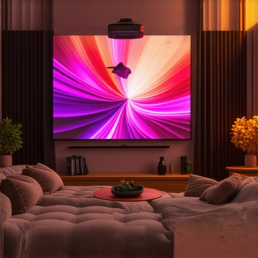 Living room with blackout curtains, smart lights, and a projector displaying vivid colors