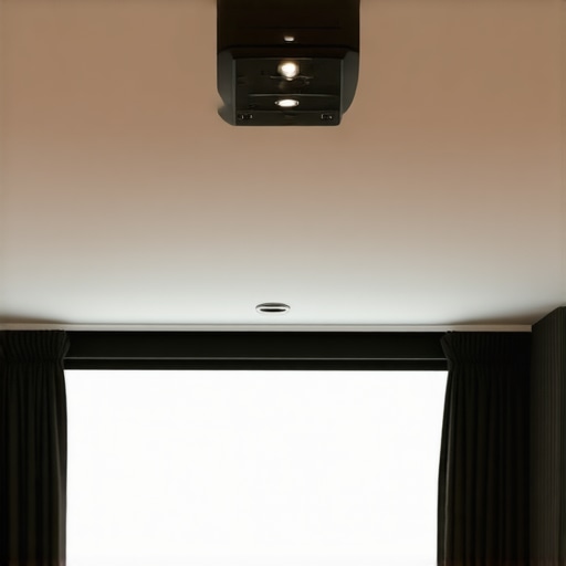 Living room with ceiling-mounted short throw projector and blackout curtains for optimal viewing
