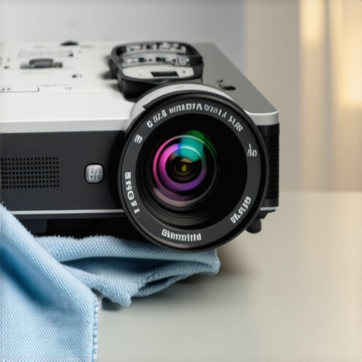 Projector Lens Cleaning Person cleaning a projector lens with microfiber cloth in a home theater setup