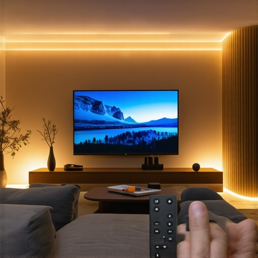 Person using remote to adjust brightness on laser TV in cozy living room with subdued lighting.