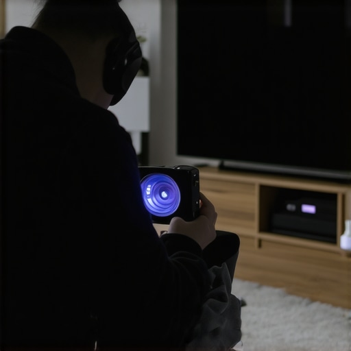 Person adjusting projector settings with calibration tools in a living room.