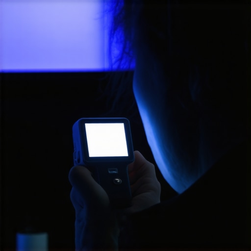 Person using a colorimeter device to calibrate a home projector for optimal image performance