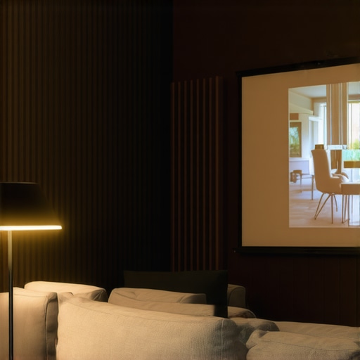 Optimized Living Room Projector Setup A well-lit living room with a projector projecting vibrant image onto a Fresnel-enhanced screen, showcasing improved contrast and brightness.