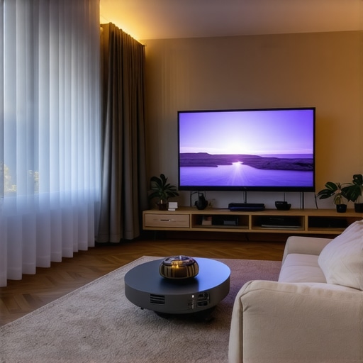 Living room with laser TV and short throw projector, blackout curtains, and ambient light control