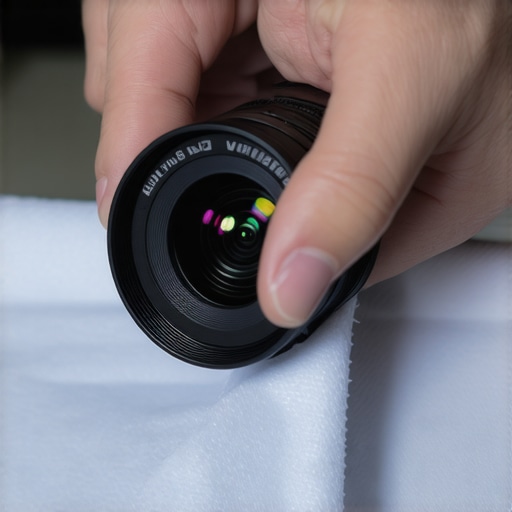 A person gently cleaning a projector lens with a microfiber cloth in a living room setting