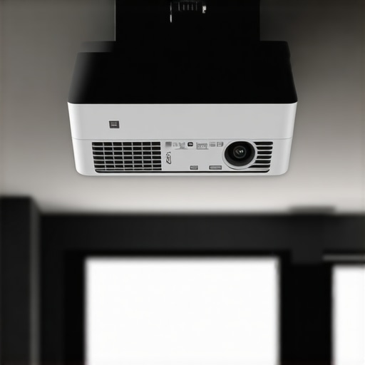 Ceiling-mounted ultra-short throw projector with adjustable mount in living room.