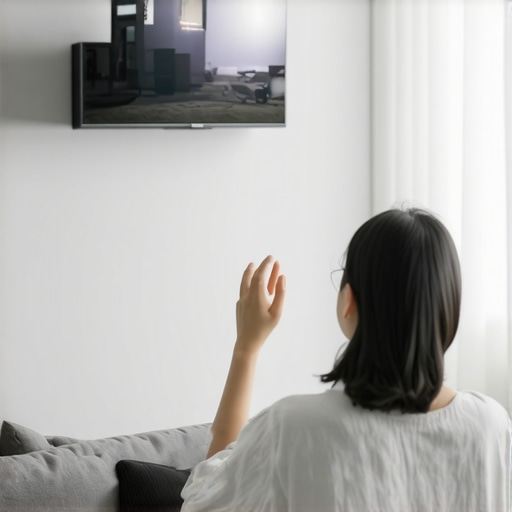 Person calibrating a short throw projector in a cozy living room with ambient light control.