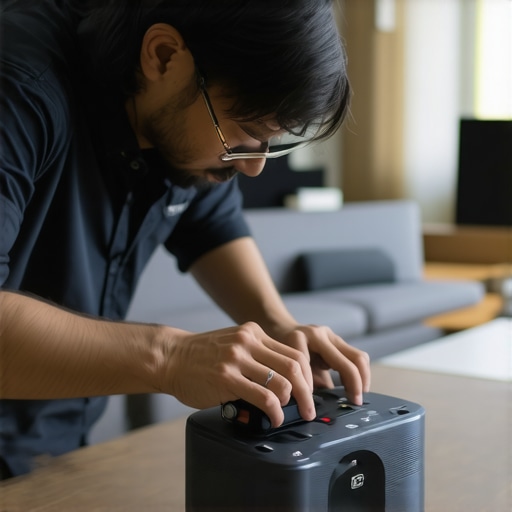 Technician calibrating a short throw projector with professional tools in a living room