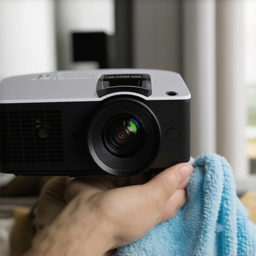 Person cleaning projector lens with microfiber cloth in a contemporary living room